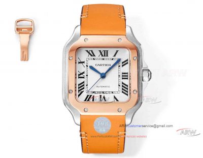 Replica Cartier Santos Rose Gold Bezel Orange Leather Strap Couple Watch 